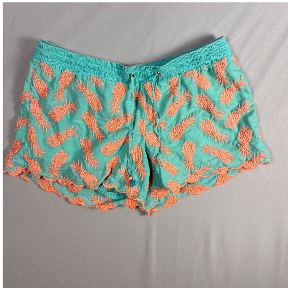 Lilly‎ Pulitzer Buttercup Shorts Aqua Teal Coral Pineapple Embroidered Womens L